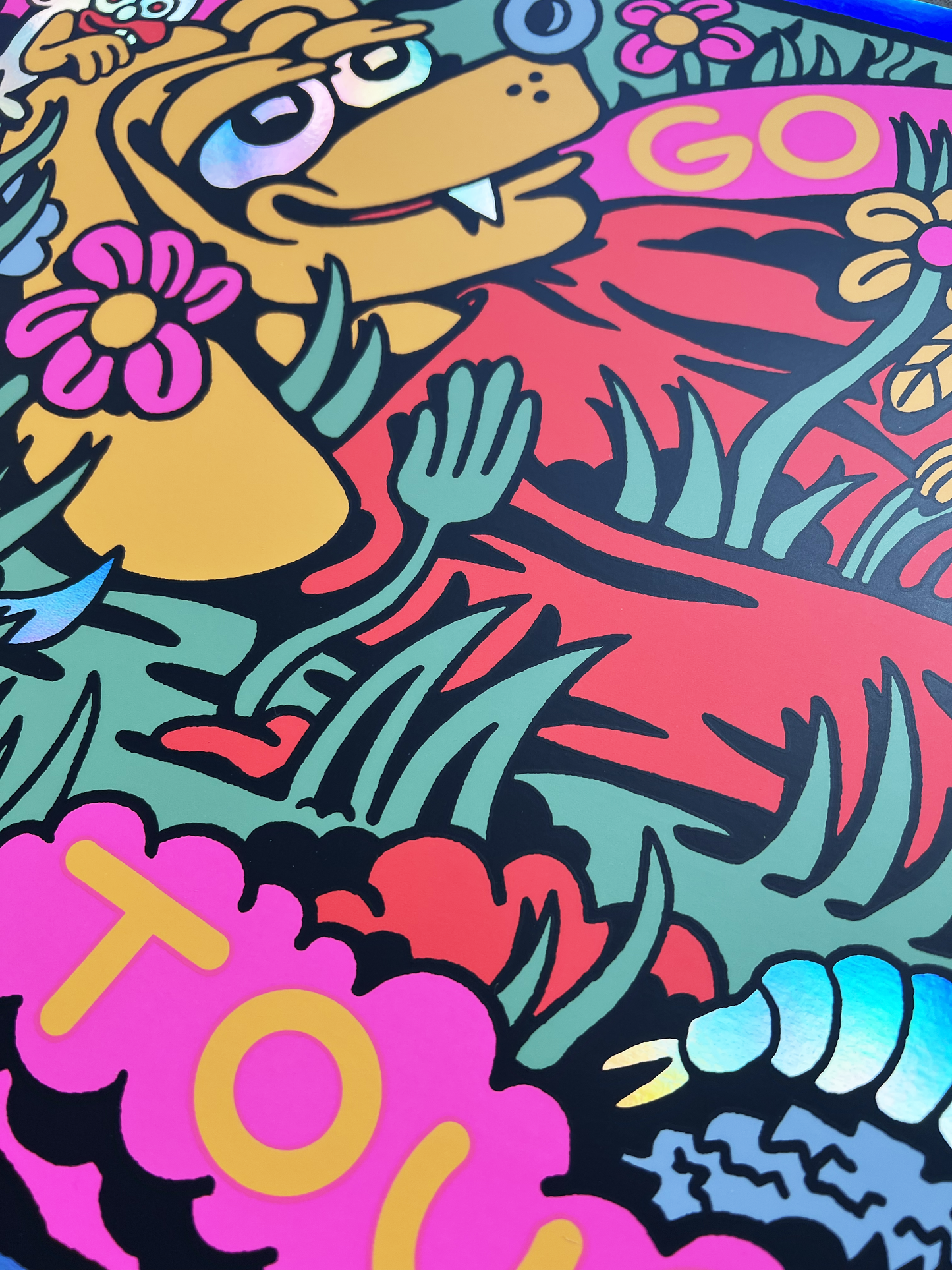 Super Limited! Go Outside Touch Grass Rainbow Foil Signed + Numbered Silkscreen by Killer Acid